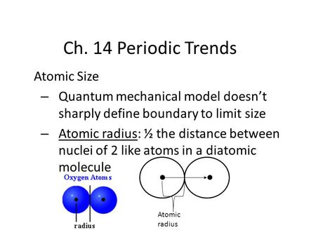 Ch. 14 Periodic Trends Atomic Size – Quantum mechanical model doesn’t sharply define boundary to limit size – Atomic radius: ½ the distance between nuclei.