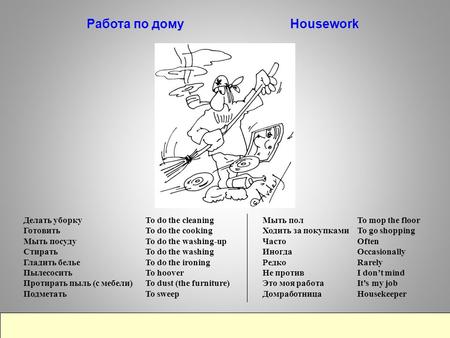 Работа по дому Housework To do the cleaning To do the cooking To do the washing-up To do the washing To do the ironing To hoover To dust (the furniture)