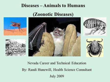 Diseases – Animals to Humans (Zoonotic Diseases) Nevada Career and Technical Education By: Randi Hunewill, Health Science Consultant July 2009.