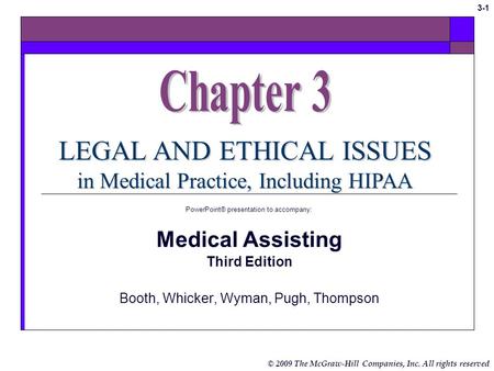 © 2009 The McGraw-Hill Companies, Inc. All rights reserved 3-1 LEGAL AND ETHICAL ISSUES in Medical Practice, Including HIPAA PowerPoint® presentation.