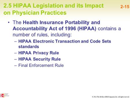 © 2011 The McGraw-Hill Companies, Inc. All rights reserved. 2.5 HIPAA Legislation and its Impact on Physician Practices 2-15 The Health Insurance Portability.