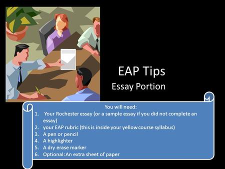 EAP Tips Essay Portion You will need: 1. Your Rochester essay (or a sample essay if you did not complete an essay) 2.your EAP rubric (this is inside your.