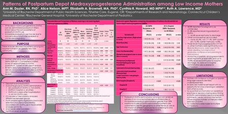 Patterns of Postpartum Depot Medroxyprogesterone Administration among Low Income Mothers Ann M. Dozier, RN, PhD 1, Alice Nelson, MFT 2, Elizabeth A. Brownell,