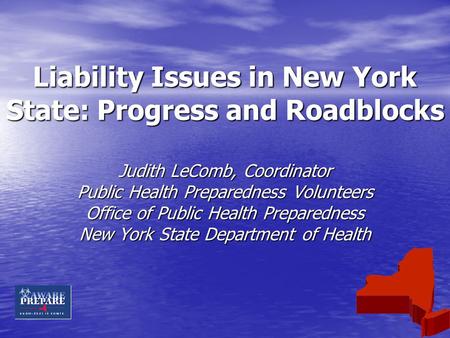 Liability Issues in New York State: Progress and Roadblocks Judith LeComb, Coordinator Public Health Preparedness Volunteers Office of Public Health Preparedness.