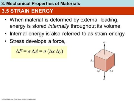 3.5 STRAIN ENERGY When material is deformed by external loading, energy is stored internally throughout its volume Internal energy is also referred to.