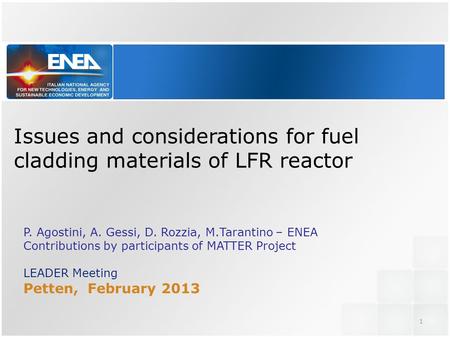 Issues and considerations for fuel cladding materials of LFR reactor P. Agostini, A. Gessi, D. Rozzia, M.Tarantino – ENEA Contributions by participants.