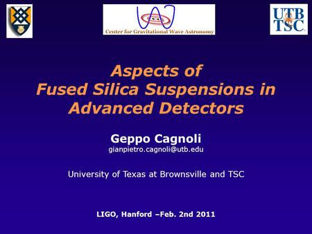 Aspects of Fused Silica Suspensions in Advanced Detectors Geppo Cagnoli University of Texas at Brownsville and TSC LIGO, Hanford.