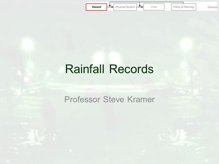 Rainfall Records Professor Steve Kramer. Rainfall Records Measured at single point by rain gauge Over extended period of time, can establish: –Mean annual.