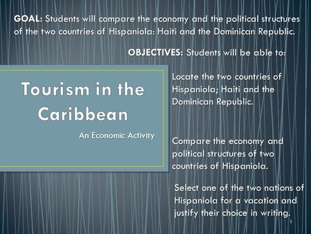 An Economic Activity OBJECTIVES: Students will be able to: GOAL: Students will compare the economy and the political structures of the two countries of.