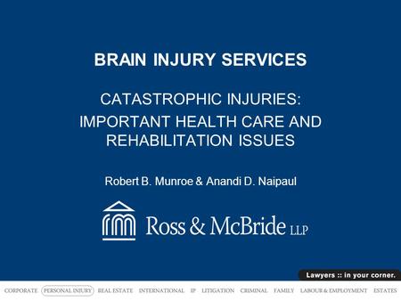 BRAIN INJURY SERVICES CATASTROPHIC INJURIES: IMPORTANT HEALTH CARE AND REHABILITATION ISSUES Robert B. Munroe & Anandi D. Naipaul.