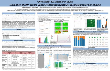GVRG ABRF 2011 Research Study Evaluation of DNA Whole Genome Amplification (WGA) Technologies for Genotyping The evolution of genomic technologies is occurring.