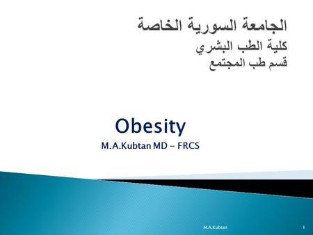 Obesity M.A.Kubtan MD - FRCS M.A.Kubtan1.  Childhood Overweight and Obesity  Management in Adults  Setting Goals  Diet  Physical Activity and Exercise.