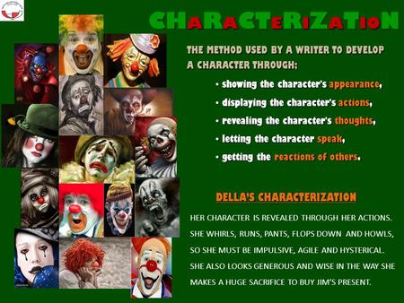 THE METHOD USED BY A WRITER TO DEVELOP A CHARACTER THROUGH; CH A R A CT E R I Z A T IO N s showing the character's appearance, d displaying the character's.