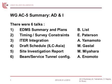 There were 6 talks : 1) EDMS Summary and Plans B. List 2) Timing / Survey Constraints E. Paterson 3) ITER Integration A. Yamamoto 4) Draft Schedule (ILC-Asia)
