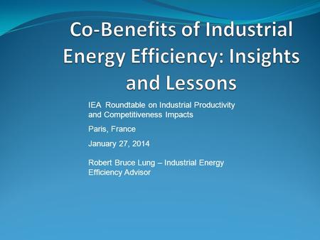 IEA Roundtable on Industrial Productivity and Competitiveness Impacts Paris, France January 27, 2014 Robert Bruce Lung – Industrial Energy Efficiency Advisor.