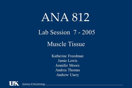 Anatomy & Neurobiology ANA 812 Lab Session 7 - 2005 Muscle Tissue Katherine Freedman Jamie Lewis Jennifer Moore Andrea Thomas Andrew Usery.