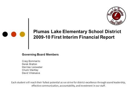 Plumas Lake Elementary School District 2009-10 First Interim Financial Report Governing Board Members Craig Bommarito Derek Bratton Merrilee Leinweber.