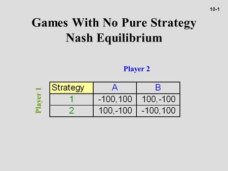 Games With No Pure Strategy Nash Equilibrium Player 2 Player 1 10-1.