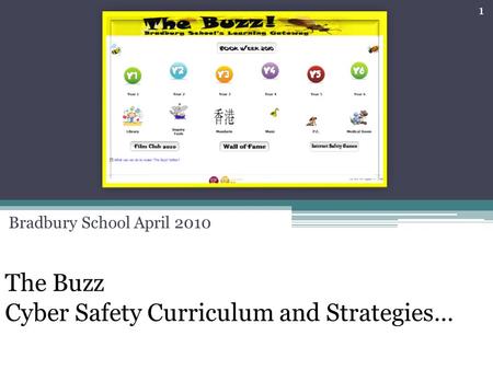 The Buzz Cyber Safety Curriculum and Strategies… Bradbury School April 2010 1.