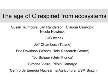 The age of C respired from ecosystems Susan Trumbore, Jim Randerson, Claudia Czimczik, Nicole Nowinski (UC Irvine) Jeff Chambers (Tulane) Eric Davidson.