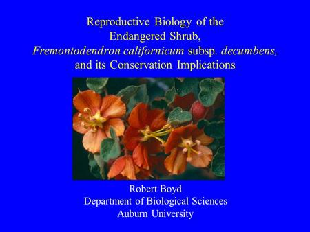 Reproductive Biology of the Endangered Shrub, Fremontodendron californicum subsp. decumbens, and its Conservation Implications Robert Boyd Department of.