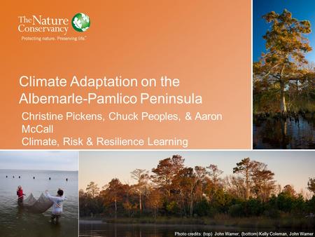 Photo credits (top) ;Andy Drumm; (bottom) Mark Godfrey Climate Adaptation on the Albemarle-Pamlico Peninsula Christine Pickens, Chuck Peoples, & Aaron.