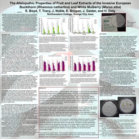 The Allelopathic Properties of Fruit and Leaf Extracts of the Invasive European Buckthorn (Rhamnus cathartica) and White Mulberry (Morus alba) E. Boyd,