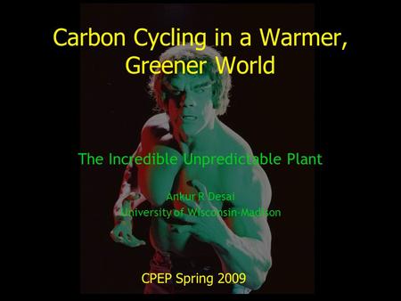 Carbon Cycling in a Warmer, Greener World The Incredible Unpredictable Plant Ankur R Desai University of Wisconsin-Madison CPEP Spring 2009.