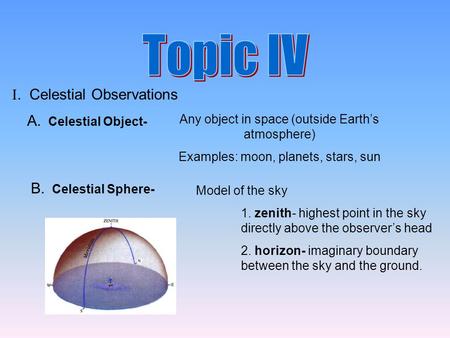 A. Celestial Object- Any object in space (outside Earth’s atmosphere) Examples: moon, planets, stars, sun B. Celestial Sphere- Model of the sky 1. zenith-