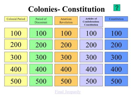 Colonies- Constitution 100 200 300 400 500 100 200 300 400 500 100 200 300 400 500 100 200 300 400 500 100 200 300 400 500 Colonial PeriodPeriod of Discontent.