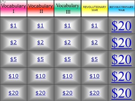$2 $5 $10 $20 $1 $2 $5 $10 $20 $1 $2 $5 $10 $20 $1 $2 $5 $10 $20 $1 Vocabulary I Vocabulary II Vocabulary III REVOLUTIONARY WAR REVOLUTIONARY WAR.
