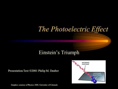 The Photoelectric Effect Einstein’s Triumph Graphics courtesy of Physics 2000, University of Colorado Presentation Text ©2001 Philip M. Dauber.