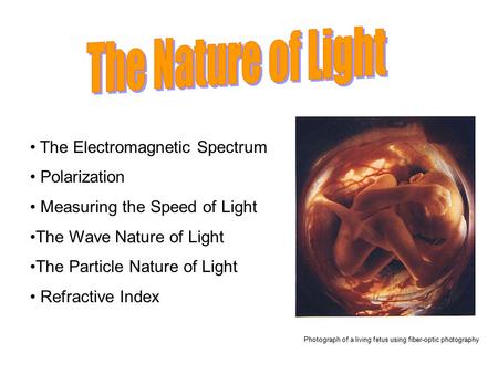The Electromagnetic Spectrum Polarization Measuring the Speed of Light The Wave Nature of Light The Particle Nature of Light Refractive Index Photograph.
