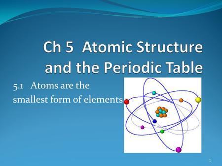 1 5.1 Atoms are the smallest form of elements 1 2 All matter is made of atoms Same type of atoms = element There are approximately 100 elements known.