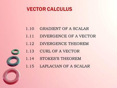 VECTOR CALCULUS 1.10 GRADIENT OF A SCALAR 1.11 DIVERGENCE OF A VECTOR