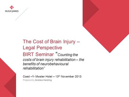 The Cost of Brain Injury – Legal Perspective BIRT Seminar “ Counting the costs of brain injury rehabilitation – the benefits of neurobehavioural rehabilitation”