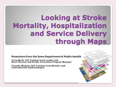 Looking at Stroke Mortality, Hospitalization and Service Delivery through Maps Presenters from the Iowa Department of Public Health Terry Meek, GIS Training.