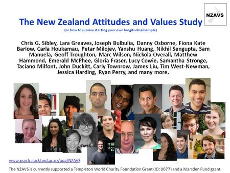 The New Zealand Attitudes and Values Study (or how to survive starting your own longitudinal sample) Chris G. Sibley, Lara Greaves, Joseph Bulbulia, Danny.