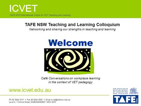 TAFE NSW International Centre for VET Teaching and Learning Welcome Café Conversations on workplace learning in the context of VET pedagogy. Ph 02 9244.