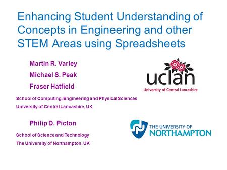 Enhancing Student Understanding of Concepts in Engineering and other STEM Areas using Spreadsheets Martin R. Varley Michael S. Peak Fraser Hatfield School.