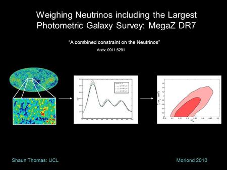Weighing Neutrinos including the Largest Photometric Galaxy Survey: MegaZ DR7 Moriond 2010Shaun Thomas: UCL “A combined constraint on the Neutrinos” Arxiv: