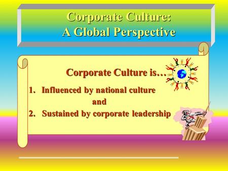 Corporate Culture: A Global Perspective Corporate Culture is… 1.Influenced by national culture and and 2. Sustained by corporate leadership.
