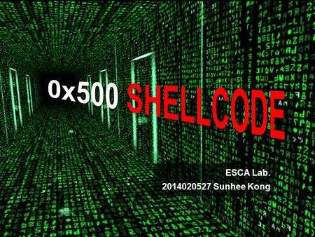 ESCA Lab. 2014020527 Sunhee Kong. 0x500 Shellcode Running program Shellcode A small piece of malicious code used as the payload in the exploitation of.