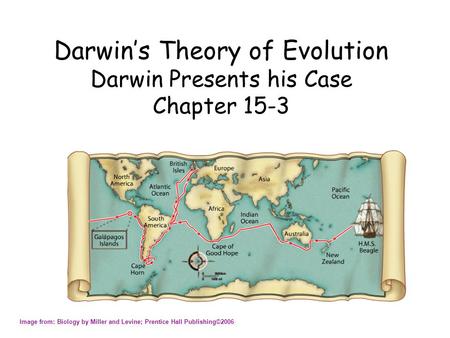 Darwin’s Theory of Evolution Darwin Presents his Case Chapter 15-3 Image from: Biology by Miller and Levine; Prentice Hall Publishing©2006.
