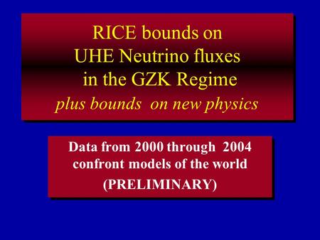 RICE bounds on UHE Neutrino fluxes in the GZK Regime plus bounds on new physics Data from 2000 through 2004 confront models of the world (PRELIMINARY)
