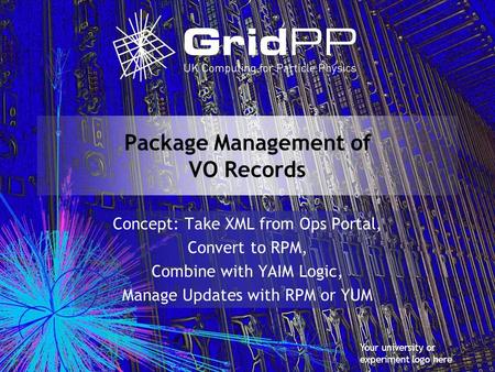 Your university or experiment logo here Package Management of VO Records Concept: Take XML from Ops Portal, Convert to RPM, Combine with YAIM Logic, Manage.