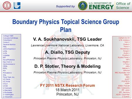 V. A. Soukhanovskii, NSTX FY2011 Research Forum, 17 March 2011, Princeton, NJ 1 of 9 Boundary Physics Topical Science Group Plan V. A. Soukhanovskii, TSG.