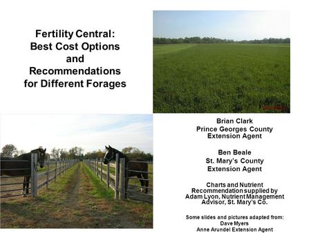 Fertility Central: Best Cost Options and Recommendations for Different Forages Brian Clark Prince Georges County Extension Agent Ben Beale St. Mary’s County.