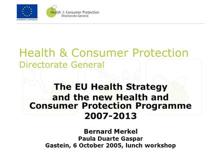 Health & Consumer Protection Directorate General The EU Health Strategy and the new Health and Consumer Protection Programme 2007-2013 Bernard Merkel Paula.