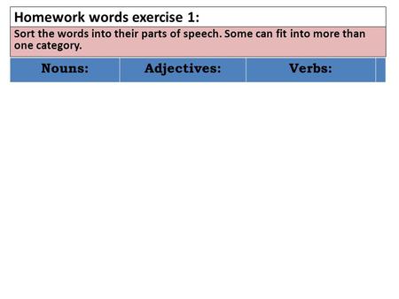 Homework words exercise 1: Nouns:Adjectives:Verbs: Sort the words into their parts of speech. Some can fit into more than one category.